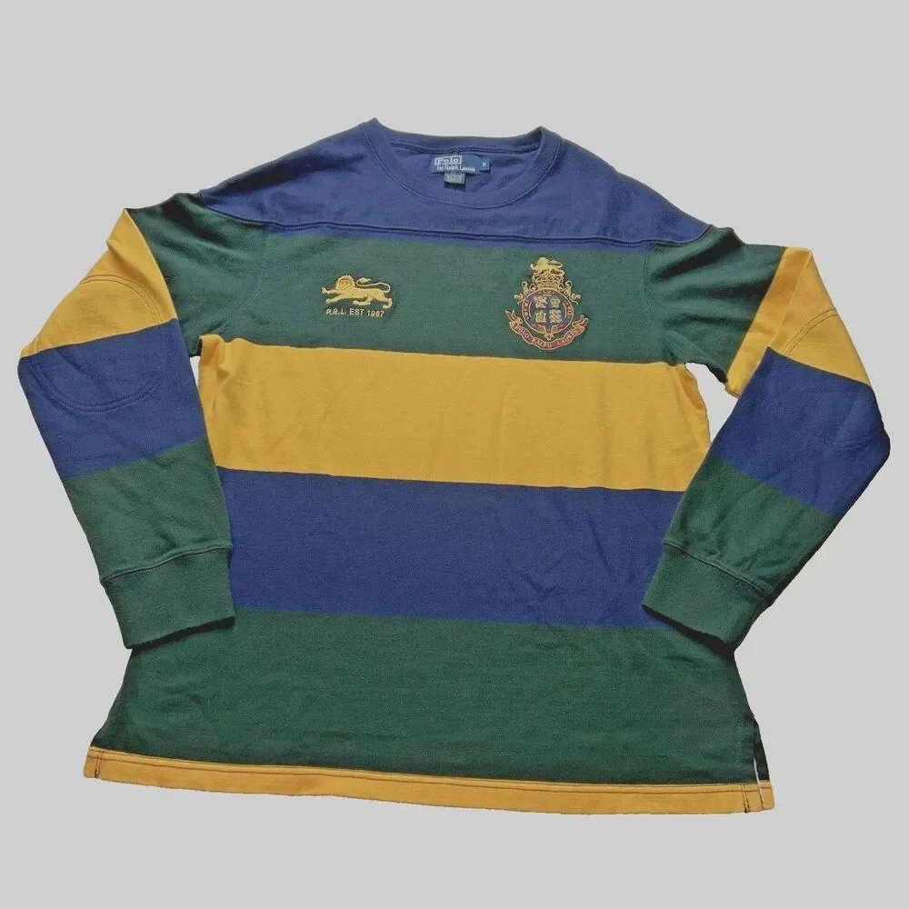 Vintage Polo Ralph Lauren Sweatshirt Men's Size M Color Block Crest Striped Logo
